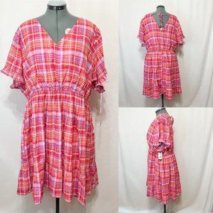 Terra Sky NWT Sz 3X  Multi Check V Neck Short Sleeves Lined Dress